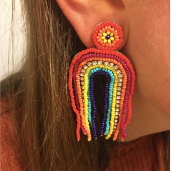 โจ๐Rainbow beaded crystal Tassel Drop Earrings๐โจ - Picture 6 of 8